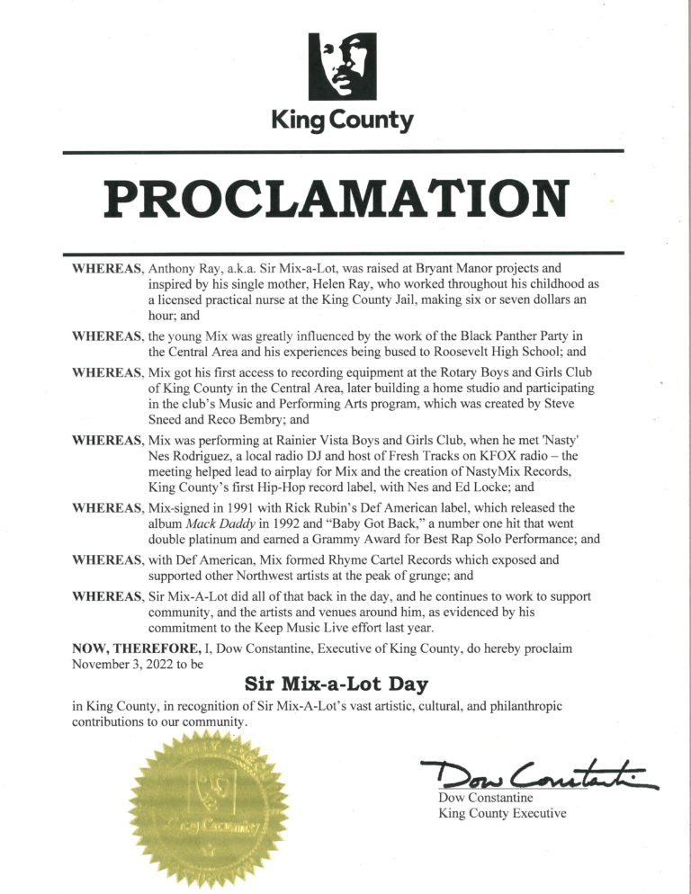 Seattle Mayor Bruce Harrell and King County Executive Dow Constantine proclaim Sir Mix-A-Lot Day